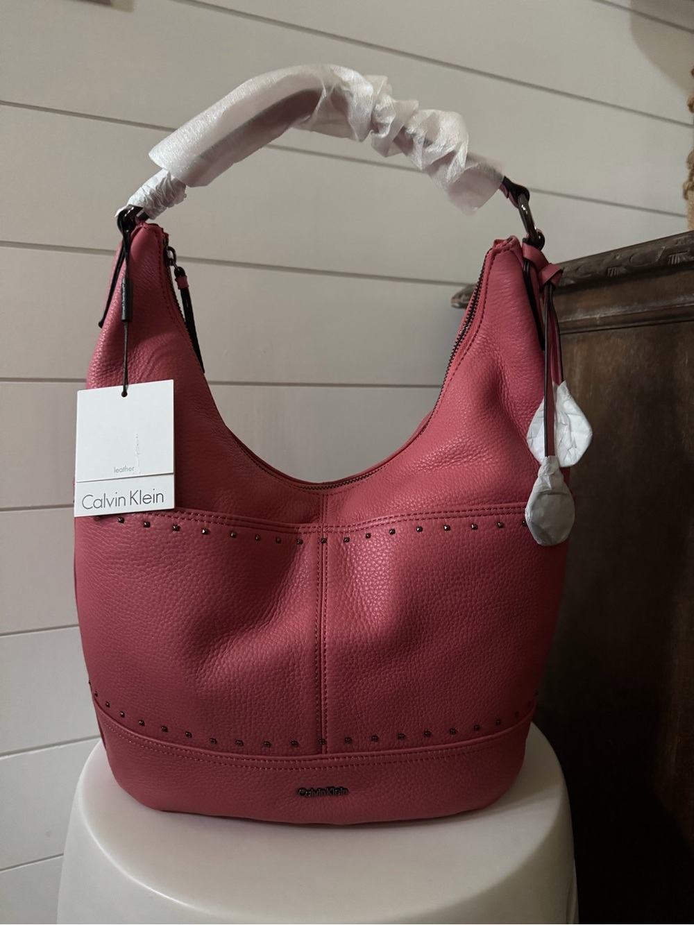 Calvin Klein Pink Pebbled Leather Hobo Bag